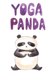 Watercolor hand drawn cute funny panda bear doing yoga. Yoga asanas, panda in lotus position.Written violet words 