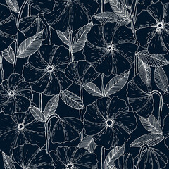 Botanical hand drawn seamless pattern made of ink pen poppy flowers with hatches. Simple minimalistic line art floral background in vintage style on dark blue.