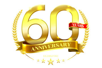 60 Years Anniversary with laurel wreath Golden Ribbon