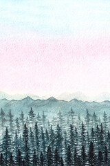 Hand drawn watercolor forest lanscape mock up in pink and green tones with copy space. Iillustration of coniferous wood and mountains. Design elements.