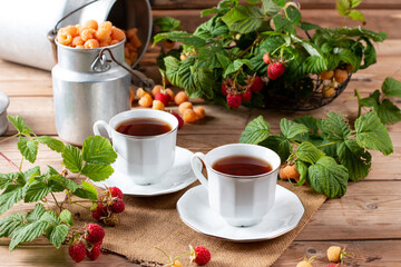 Natural vitamin tea with fresh raspberry, summer fruit harvest