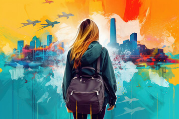 Young woman travels with backpack, modern art collage. Generative AI