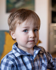 Closeup of adorable blue-eyed fair toddler boy in checkered shirt looking with curious expression