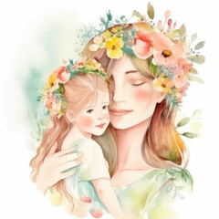Fototapeta premium Happy mother's day greeting watercolor card. Generative AI.
