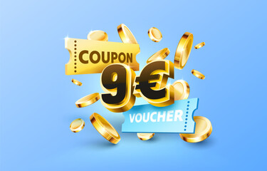 9 euro coupon gift voucher, cash back banner special offer. Vector illustration