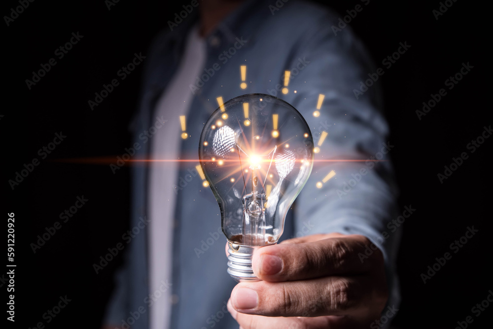 Poster Innovation. Business man hand holding light bulb for Concept of new idea concept with innovation and inspiration, innovative technology in science and communication concept