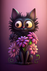 Cute black cat and Beautiful flowers wallpapers decorative art in deep colors. Generative Ai
