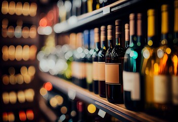 Abstract blur wine bottles on liquor alcohol shelves in supermarket store background. Generative AI - obrazy, fototapety, plakaty