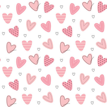 Cute pink striped and doted hearts on white background seamless pattern. Holiday doodle design. Vector illustration.