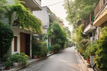 ecological city covered with plants and greenery, generative ai