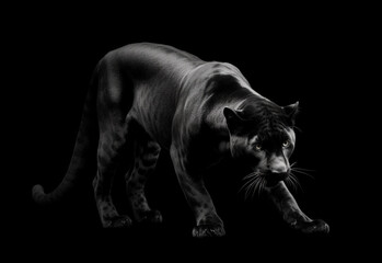 Front view of Panther on black background. Wild animals banner with copy space. Predator series walking out of the dark into the light