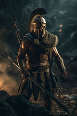 Fototapeta premium Portrait of a Spartan in armor with a spear. Full length image. Ancient Greek warrior. ai generated