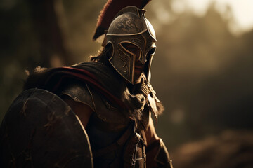 Portrait of a Spartan warrior in armor with a shield and a Corinthian helmet. Ancient Greek warrior. ai generated