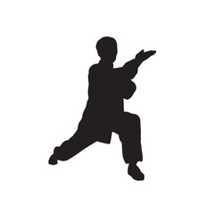 Silhouette of a man showing wushu kung fu in a fighting stance. vector illustration