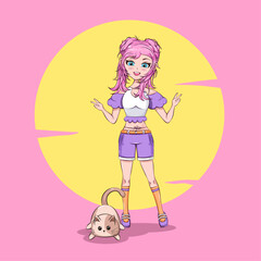 Cartoon anime girl with cute little kitten