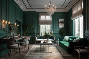 Beautiful and fashionable interior in shades of green in a classic style