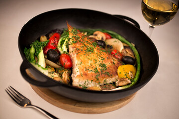 Kalkan fish in a frying pan.