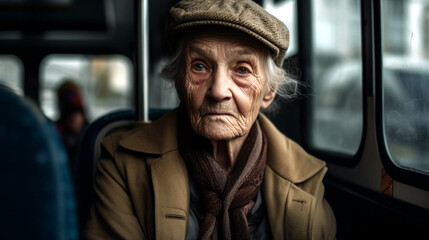 A close-up documentary portrait of an old woman on a bus, captured at eye level during the afternoon, Created with generative Ai Technology.
