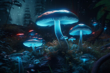 Fototapeta na wymiar Glowing mushroom in forest