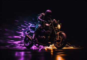 Obraz na płótnie Canvas a person riding a motorcycle on a shiny surface with a blurry background and a yellow and purple light behind it, with a black background. Generative AI