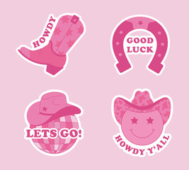 Set of pink stickers wild west theme. Cowgirl illustrations, cowboy hat, horseshoe, boot with and disco ball lettering