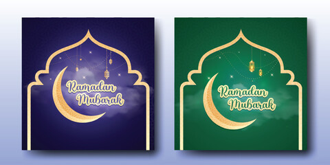 Ramadan Mubarak on a green, and blue background 
with the crescent moon, lantern, stars, dome mosque, 
and Islamic pattern for social media posts.