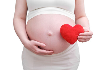 Pregnant woman with a red heart on the background of her stomach, isolated on a white background