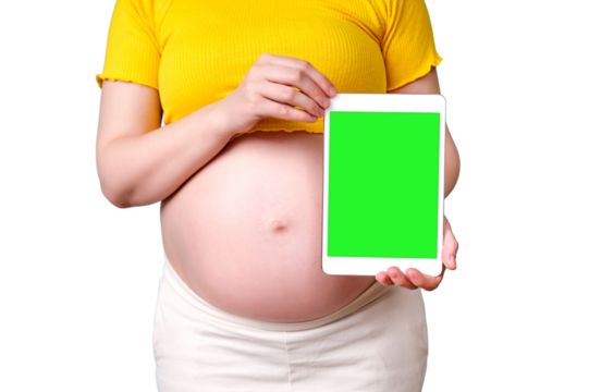 Pregnant woman and digital tablet screen, mockup copy space, isolated on a white background - Powered by Adobe