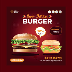 Super Delicious Burger- social media post template. Suitable for social media posts and web or internet ads. Vector illustration with Photo College.