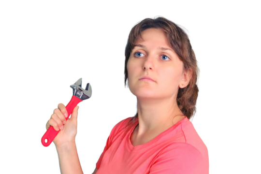 A woman with a wrench in her hand pondered next to the water pipes, close-up, isolated on a white background. Repair of sewer apartment, installation and replacement of water meters.