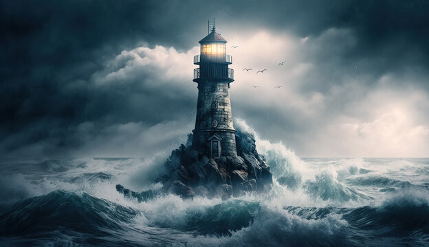 Mysterious haunted lighthouse in a stormy ocean on a tiny rocky island.