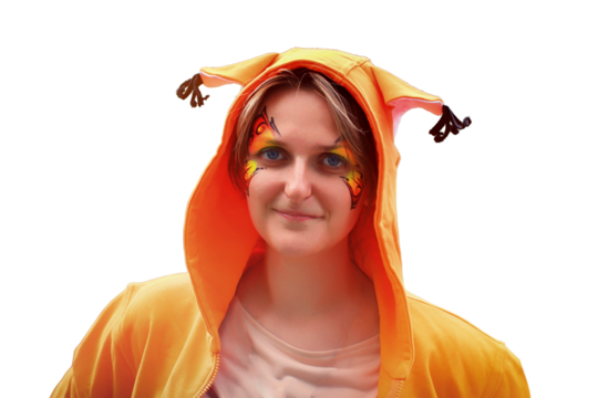 Woman in the Fox costume, isolated on a white background. Portrait in a hood with ears squirrels