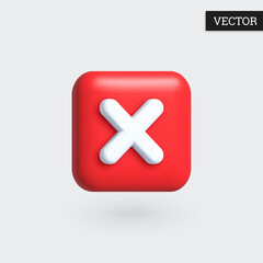 Obraz premium Red button with cross mark icon 3d. Decline sign. Cancel button in plastic style. Design element. Vector illustration.