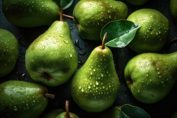 Fototapeta na wymiar Fresh green pears with leaves with water droplet on black background, topdown fruit photography, professional food photography, health and organic concept, AI generated