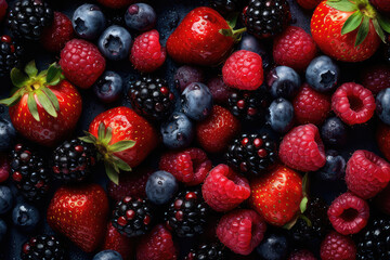 Obraz premium Fresh mix berries with water droplet on black background, topdown fruit photography, professional food photography, health and organic concept, AI generated