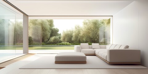 Modern living room with panoramic garden views and simple décor, Generative AI