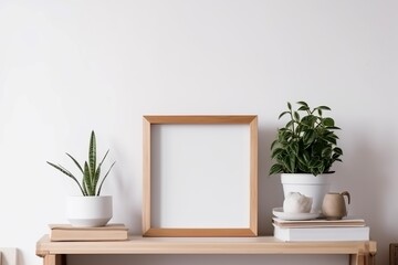 Scandinavian-style interior with a small wooden frame mockup, green potted plant, stack of books, and shelf on an empty white wall background, Generative AI