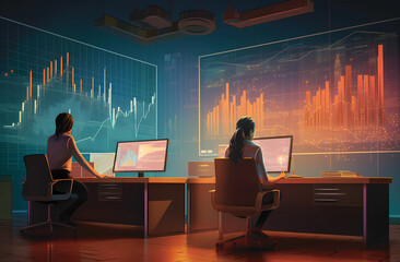 Two people looking at graphs in their office, Ai Generative