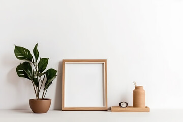 A small wooden frame mockup in a Scandinavian-style interior with a trailing green plant in a pot, a stack of books, and a shelf on an empty neutral white wall background, Generative AI