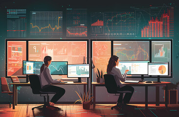 Two people looking at graphs in their office, Ai Generative