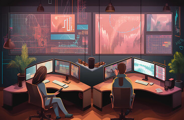 Two people looking at graphs in their office, Ai Generative