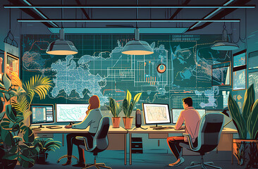 Two people looking at graphs in their office, Ai Generative