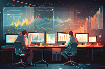 Two people looking at graphs in their office, Ai Generative