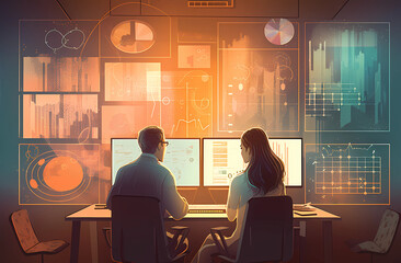 Two people looking at graphs in their office, Ai Generative