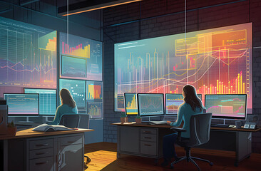 Two people looking at graphs in their office, Ai Generative