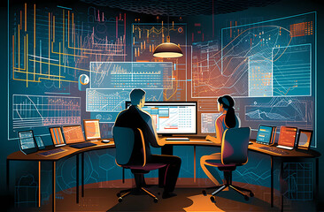 Two people looking at graphs in their office, Ai Generative