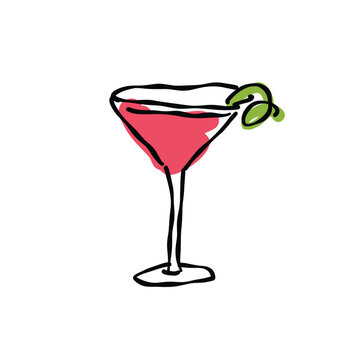 cosmopolitan cocktail doodle icon, vector color line illustration