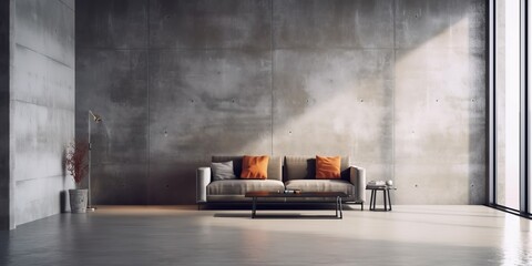 An interior design idea that showcases a living room with an industrial and chic concrete wall texture background, Generative AI