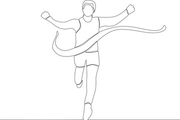 A happy runner almost reached the finish line. Finish line one-line drawing