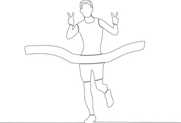 An athlete reaches the finish line while posing with two fingers. Finish line one-line drawing
